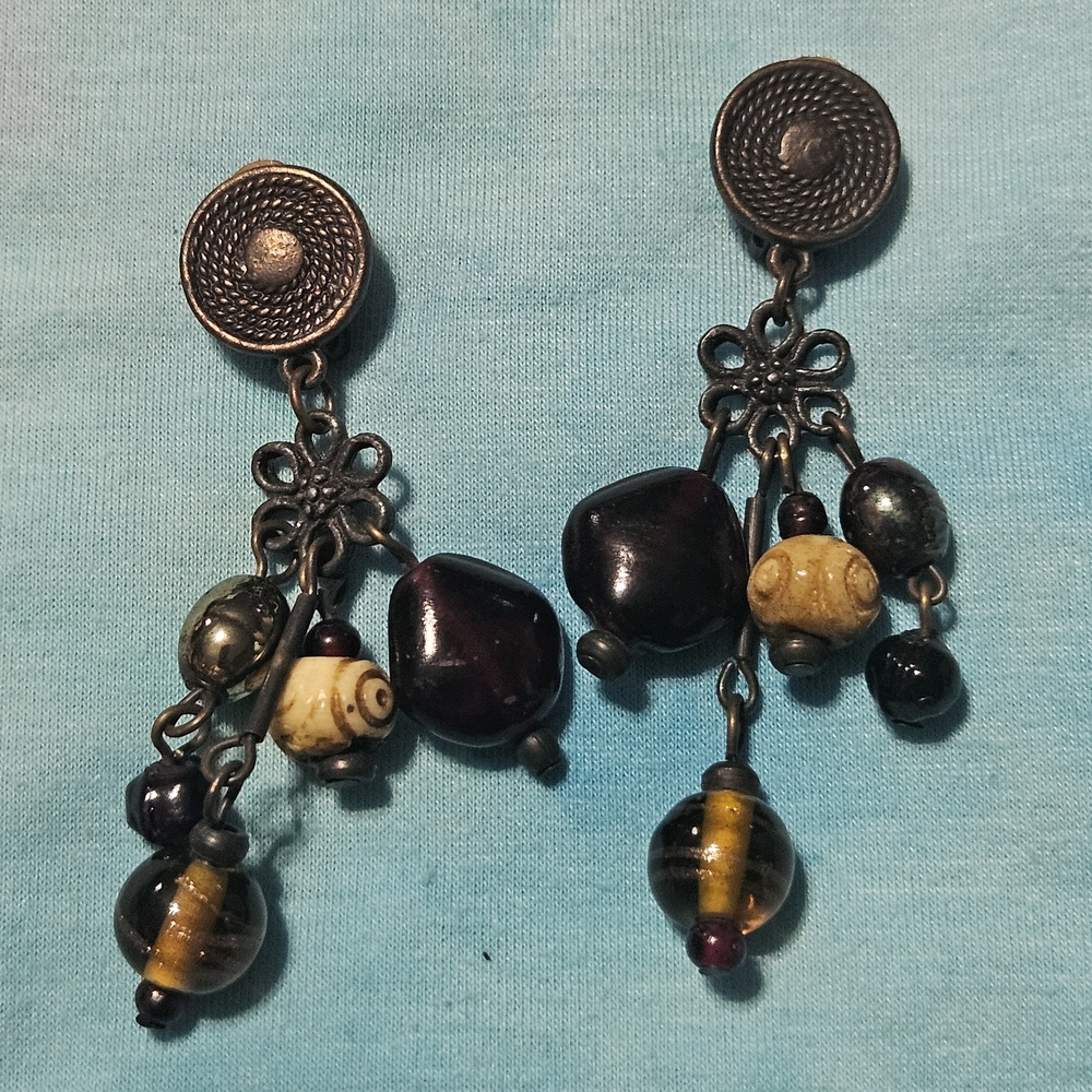 Vintage Multicolor Multistrand Beaded Dangle Earrings With Stud Backing